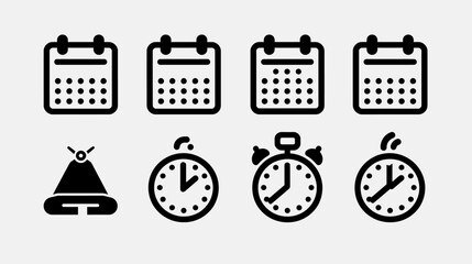 Collection of minimalist black and white icons including calendars, clocks, and a hat