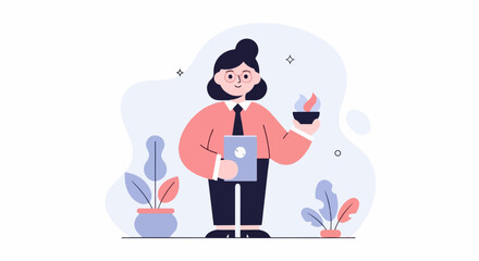 A person in formal attire holds a torch and a tablet, surrounded by plants