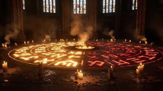 Mystical Ritual with Candles and Symbols in a Dark Chamber.