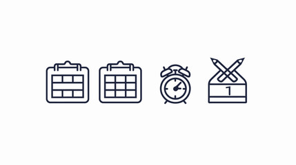 A collection of line art icons including calendars, a clock, and a desk with crossed pencils