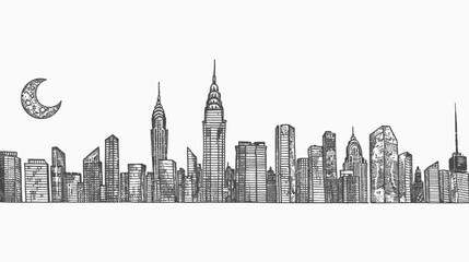 Fototapeta premium Hand-drawn monochrome illustration of a cityscape at night with a crescent moon