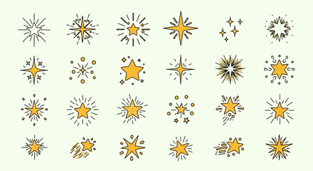 Collection of Hand-Drawn Starbursts and Sparkle Icons - Yellow and Black