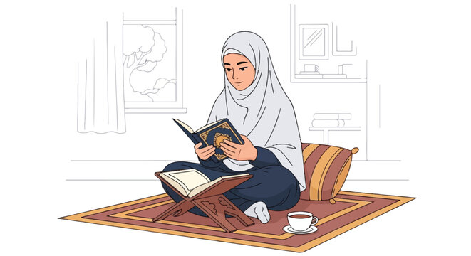 Muslim woman peacefully reading the Holy Quran in a tranquil home setting, embodying devotion and spiritual reflection