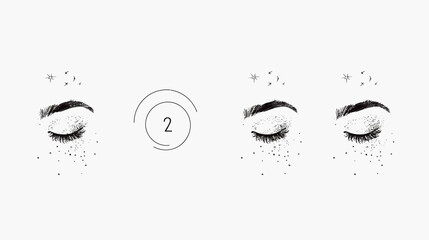 Artistic black and white illustration of closed eyes, star accents, and a number 2 within a circle
