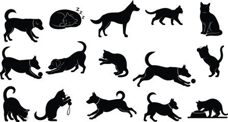 Fototapeta premium Collection of black cat and dog silhouettes