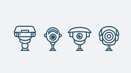 Simplified, dark blue line art depicts a sequence of four distinct surveillance camera designs