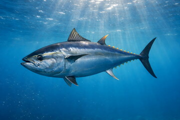 Fototapeta premium Bluefin tuna swimming underwater in clear ocean with sunlight rays.