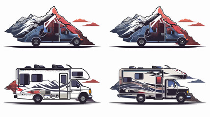 Four stylized illustrations of RVs, juxtaposed with pixelated mountain backdrops