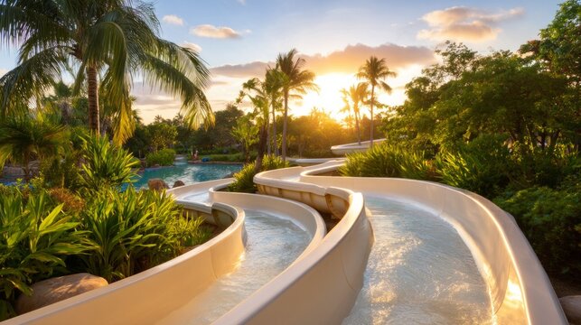 Winding Water Slide with Gentle Curves Under Early Evening Sunset Skies