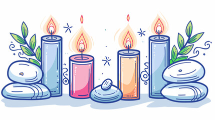 Colorful illustrated candles with flames, stacked stones, and green sprigs on a white background