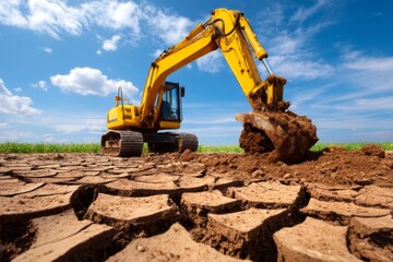 Obraz premium Excavator Digging into Dried Cracked Earth Caused by Human Activities