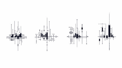 Four abstract, minimalistic architectural designs composed of lines, shapes, and dots in black and white