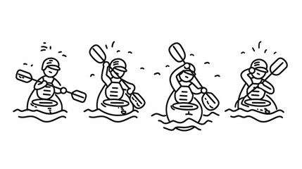 Four black and white line drawings show kayakers paddling on the water