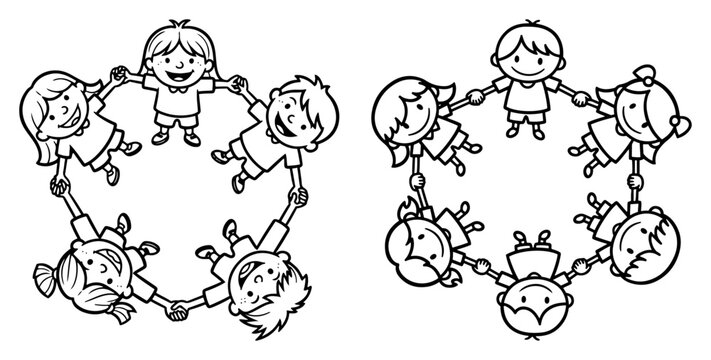 Group of happy children holding hands in a circle representing friendship and unity