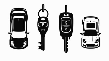 A black and white illustration featuring multiple car views and different car key designs