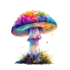 Naklejka premium Watercolor fantasy mushroom with rainbow colors and dewdrops stands in bright grass