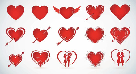 Collection of Red Hearts with Arrows, Wings, and Romantic Silhouettes