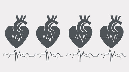 Gray silhouette heart icons with heart rate lines, representing cardiology and health concepts