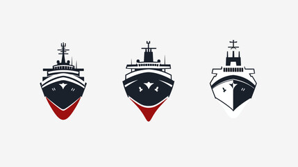 Three stylized, front-facing illustrations of ships, rendered in dark blue and red on a white background
