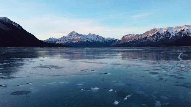 Aerial Frozen Abraham Lake Alberta Rocky Mountains Winter Fly Through