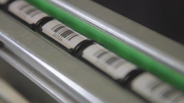 Close-up of cylindrical objects with barcodes moving on a conveyor belt system
