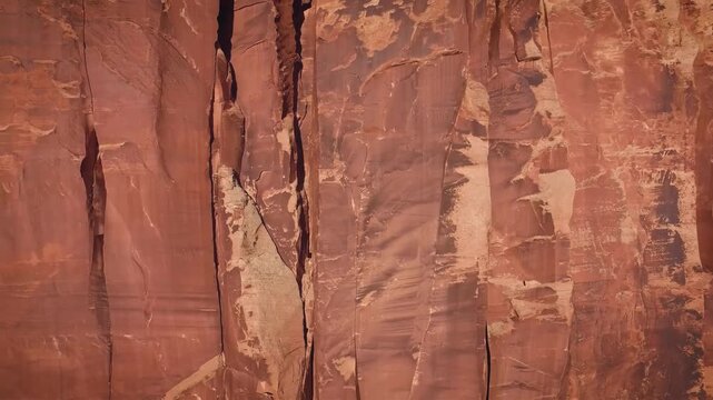 Detailed texture of a massive red sandstone cliff face with vertical striations and erosion patterns