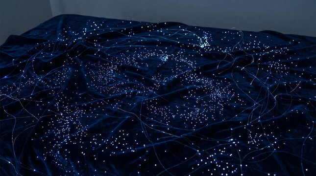 Glowing Fiber Optic Stars Scattered on Black Velvet Night. Scattered luminous fiber optic points creating artificial constellation on rich dark fabric, magical cosmos recreation
