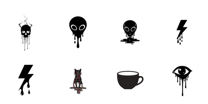 A collection of dripping dark grunge vector symbols and icons including a skull with horns, alien heads, lightning bolts, and a cat, all in a flat graphic style for various design projects