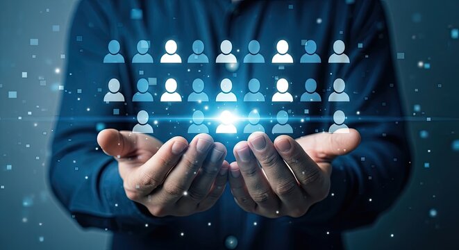 Businessman holding glowing digital people icons representing online connections and networking