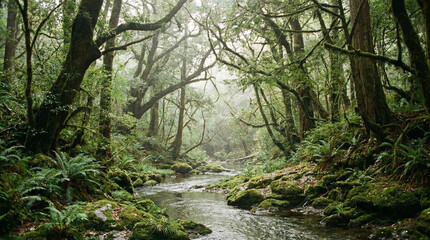 Obraz premium Serene River Stream Flowing Through Forest Landscape. Wide environmental shot of gentle stream winding through lush woodland, soft diffused natural light filtering through canopy, peaceful atmosphere