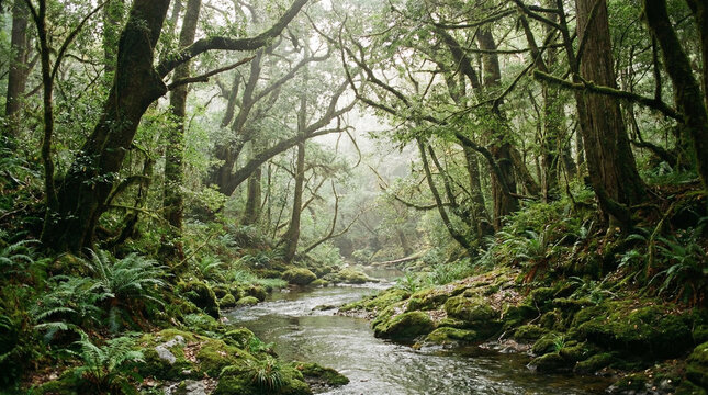 Serene River Stream Flowing Through Forest Landscape. Wide environmental shot of gentle stream winding through lush woodland, soft diffused natural light filtering through canopy, peaceful atmosphere