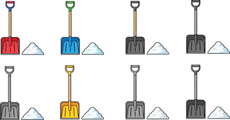 A collection of colorful snow shovels with piles of snow presented in a clean modern style on transparent background silhouette © mrvect02