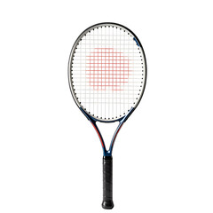 Tennis racket with a black handle and a white background for sports equipment