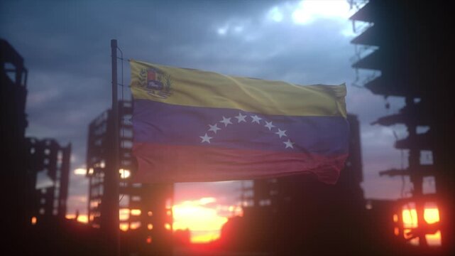 Venezuela Flag Waving Over War Torn City at Sunset
