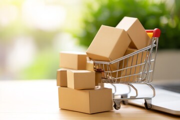 Shopping Cart with Mini Boxes on Table in Bright Retail Environment