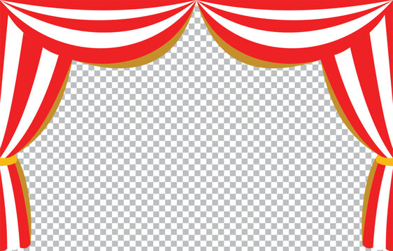 Curtain with red and white stripes and gold trim over a transparent background