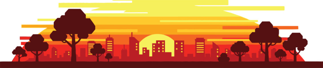 A vibrant cityscape silhouette against a warm sunset gradient featuring trees and buildings on transparent background high quality professional detailed modern