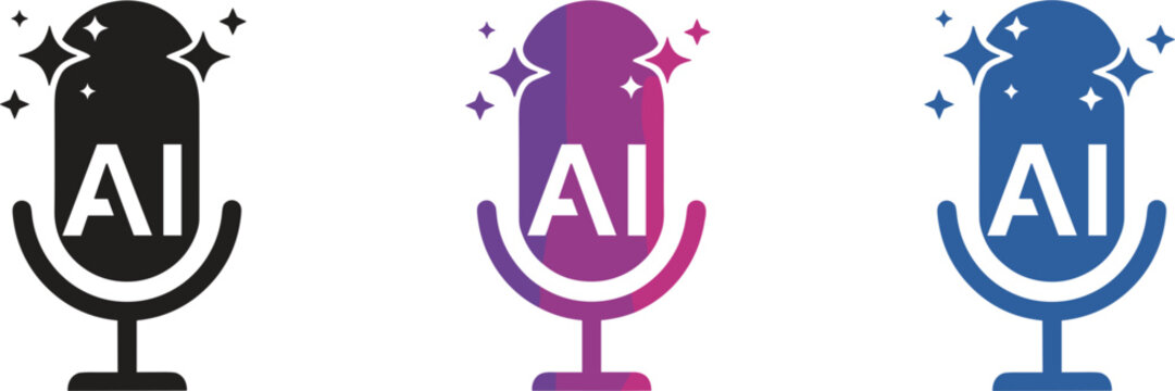 Artificial intelligence microphone vector icon set with sparkle elements for AI voice assistant podcasting recording studio technology and smart vocal recognition software concept.