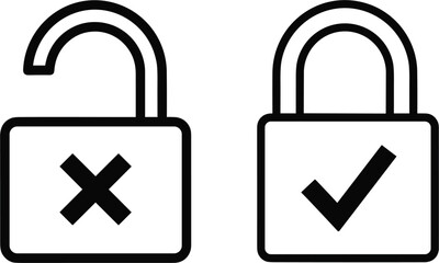 Black outline padlock icons with check mark and cross symbols for secure access granted and denied privacy protection and cybersecurity status concept.