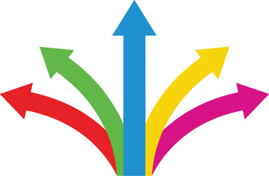 Colorful branching arrows vector illustration representing multiple choice directions career paths business growth strategies decision making and strategic planning concepts isolated on white.