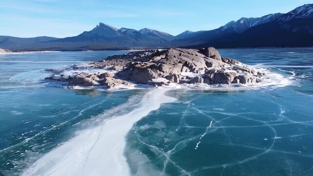 Aerial Frozen Abraham Lake Rocky Island Canadian Rockies Fly Through
