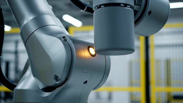 Robotic arm activates hazard detection system in factory setting at slow motion or Robotic arm initializes safety protocol system in workshop area showing alert signal