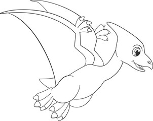 Pterodactyl drawing. Flying dino monster line icon © LadadikArt