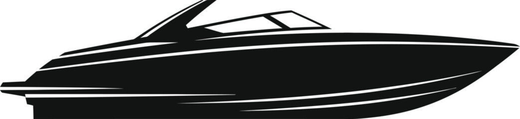 A sleek black speedboat illustration presented in a side profile ideal for nautical themes on transparent background silhouette high quality professional © mrvect02