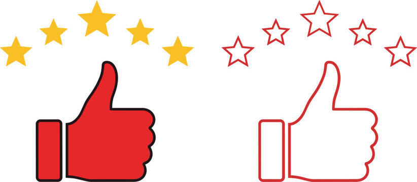 Red thumbs up icon set with gold five stars for customer feedback premium quality rating top service recommendation and successful approval ranking vector illustration.