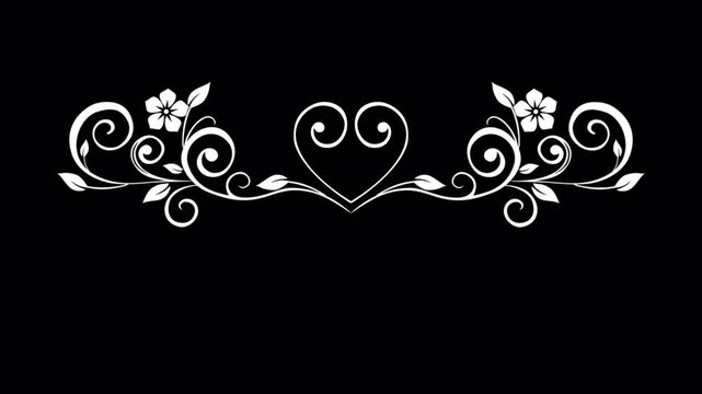 Elegant White Floral Heart Divider on Black Background.