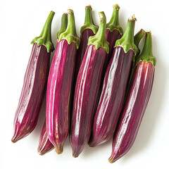 Fresh raw purple fairy tale eggplants with green stems arranged on a white background
