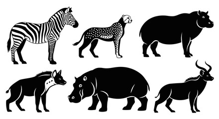 African Wildlife Silhouettes Set: Zebra, Cheetah, Hippo, Hyena, and Antelope Collection