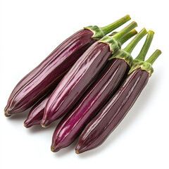 Fresh raw purple fairy tale eggplants with green stems arranged on a white background