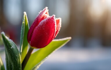 Naklejka premium Vibrant Tulip Petals Surrounded by Winter Twilight Light and Frost